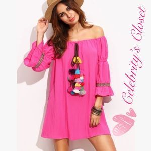 EUC Pink Off Shoulder PomPom Embellished Dress M